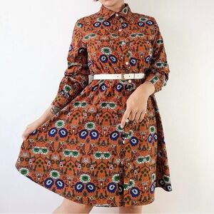 JCL Fall Floral Terracotta Patterned Dress with Button Front Size Large Retro